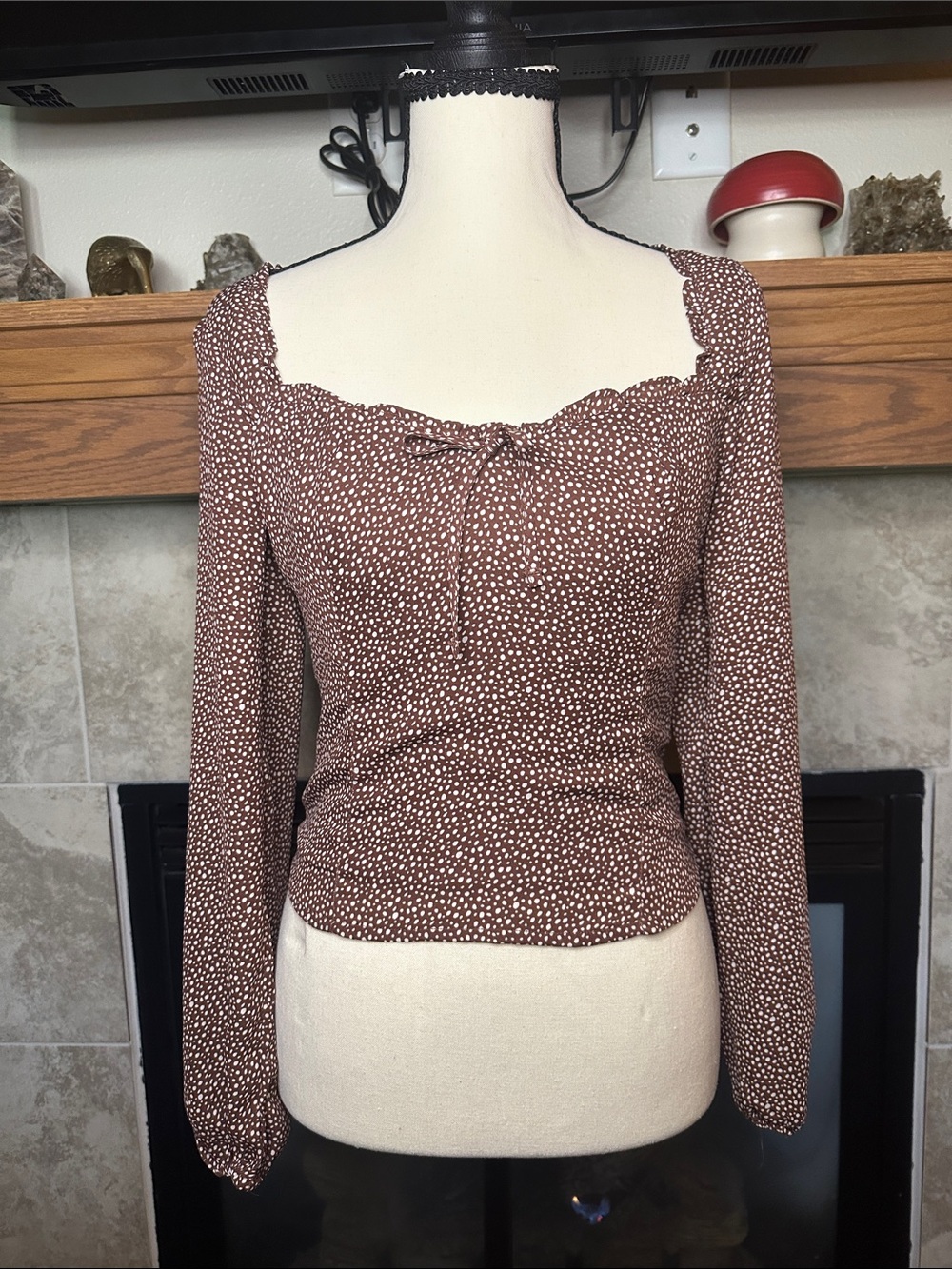 Abercrombie & Fitch Brown Polka Dot Sweetheart Neck Long Sleeve Top Size Small S